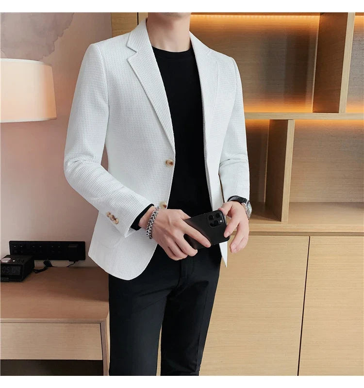 2025 Spring New Waffle Suit Coats Men Slim Fit Business Casual Blazer Jacket Homme Formal Groom Prom Wedding Tuxedo 4XL-M