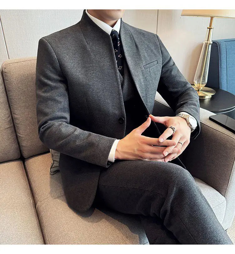Men's 3-Piece Slim Fit Stand Collar Suit – Wedding, Prom & Office Formal Set