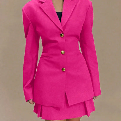 Women's Pleated Skirt Suit Set 2025 2Pieces(Tailored Blazer&High Waist Skirt) Office Chic Single-breasted Notch Lapel Outfit