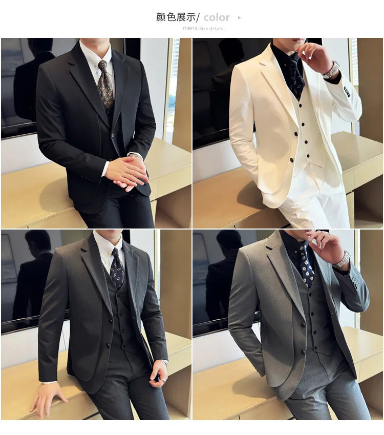 British Style Fake Two-piece Suit Set Men's Wedding Groom Dress 3 Piece Set Suit Vest Trousers Slim Office Business Casual Suits