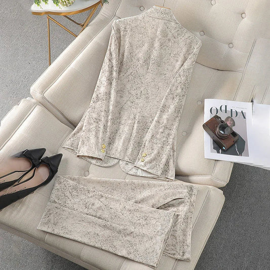 Pleuche Two Piece Set Womens 2024 Office Ladies Elegant Turn Down Collar Single Button Crop Blazers Straight Leg Pants Suits