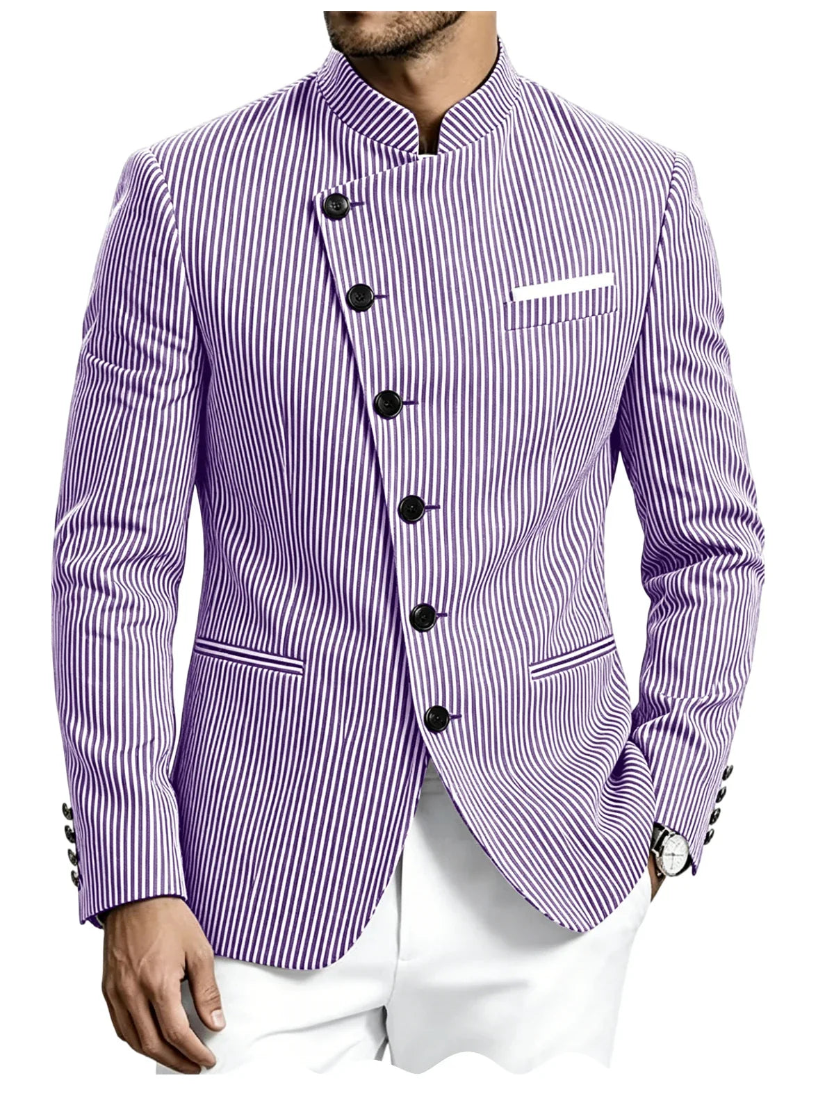 Men Mandarin Collar Suit Jacket Stand Collar Asymmetrical Single Breasted Men Blazer Slim Fit Business Formal Coat For Business