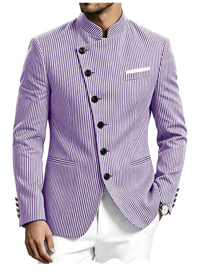 Men Mandarin Collar Suit Jacket Stand Collar Asymmetrical Single Breasted Men Blazer Slim Fit Business Formal Coat For Business