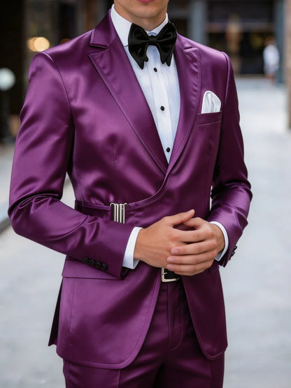 Mens Luxury Solid Blazer Jacket Slim Fit Casual Metal Buckle Belted Suit Coat Stylish Purple Satin One Button Sport Coat Tuxedo
