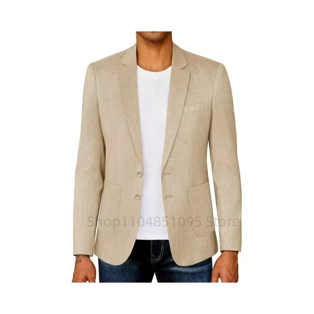 Slim Fit Men's Beige/Blue Linen Blazer Casual Party Prom Designer Coat Spring Summer New Formal Wear Linen Suit Blazer Outwear