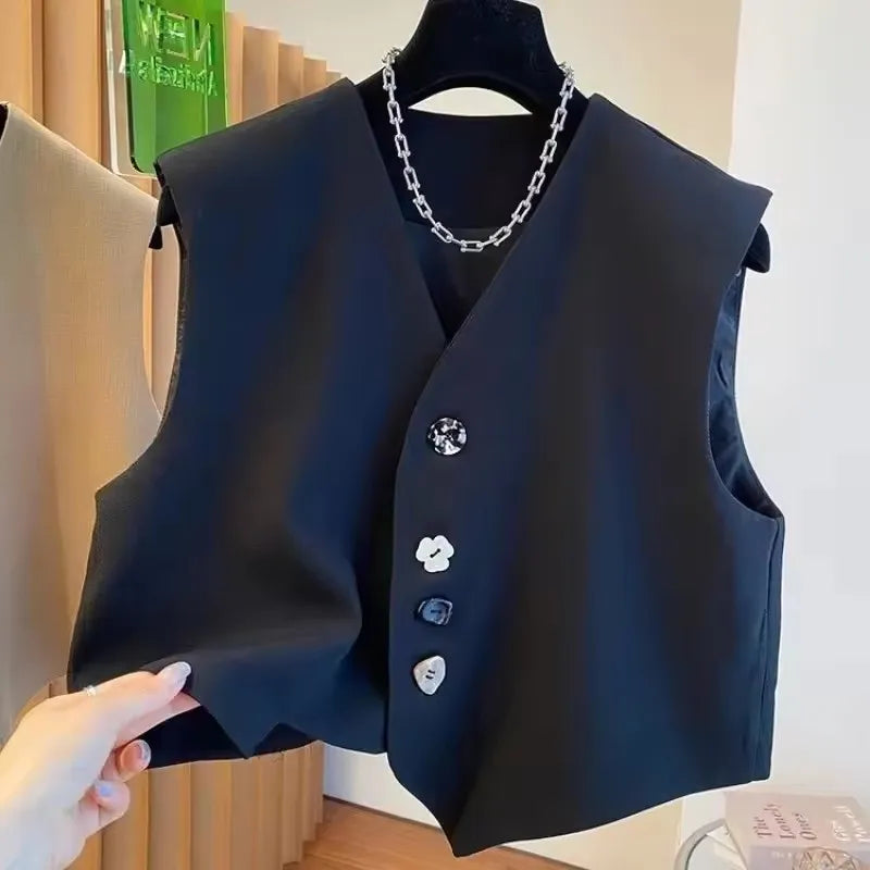 Fashion Irregular V-neck Suit Vests Tops Women 2025 New Summer Unique Buttons Solid All-match Sleeveless Waistcoats Female