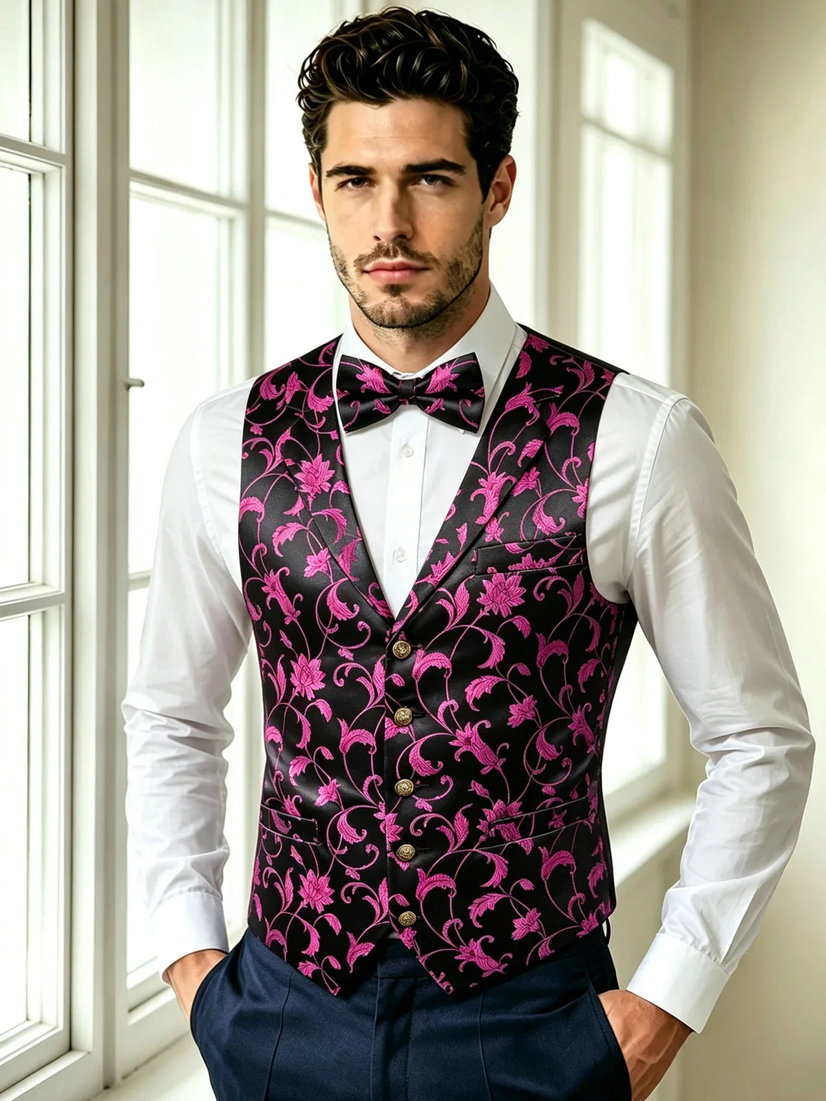 Men's Red Jacquard Floral Vest Notched Lapel Collar – Formal Waistcoat & Bowtie Set