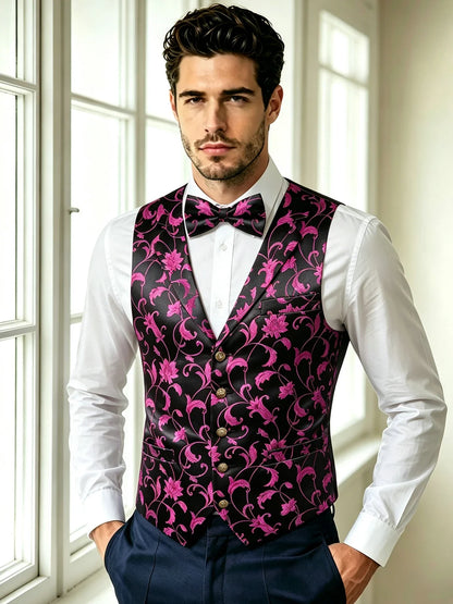 Men's Red Jacquard Floral Vest Notched Lapel Collar – Formal Waistcoat & Bowtie Set