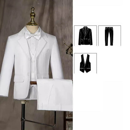 Boys White Baptism Jacket Vest Pants 3PCS Photography Suit Children Birthday Ceremony Costume Teenager Kids Wedding Party Dress