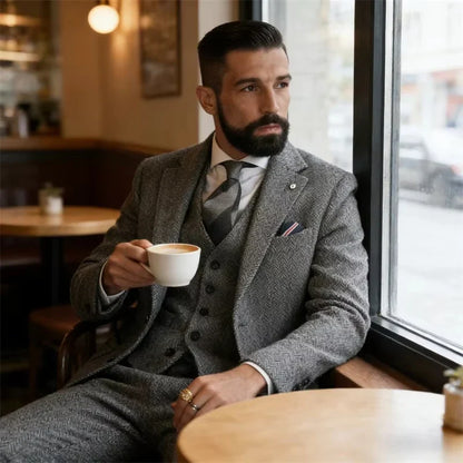 Men's Gray Herringbone 3-Piece Suit – Slim Fit Formal Blazer, Vest & Trousers for Business, Wedding & Banquet