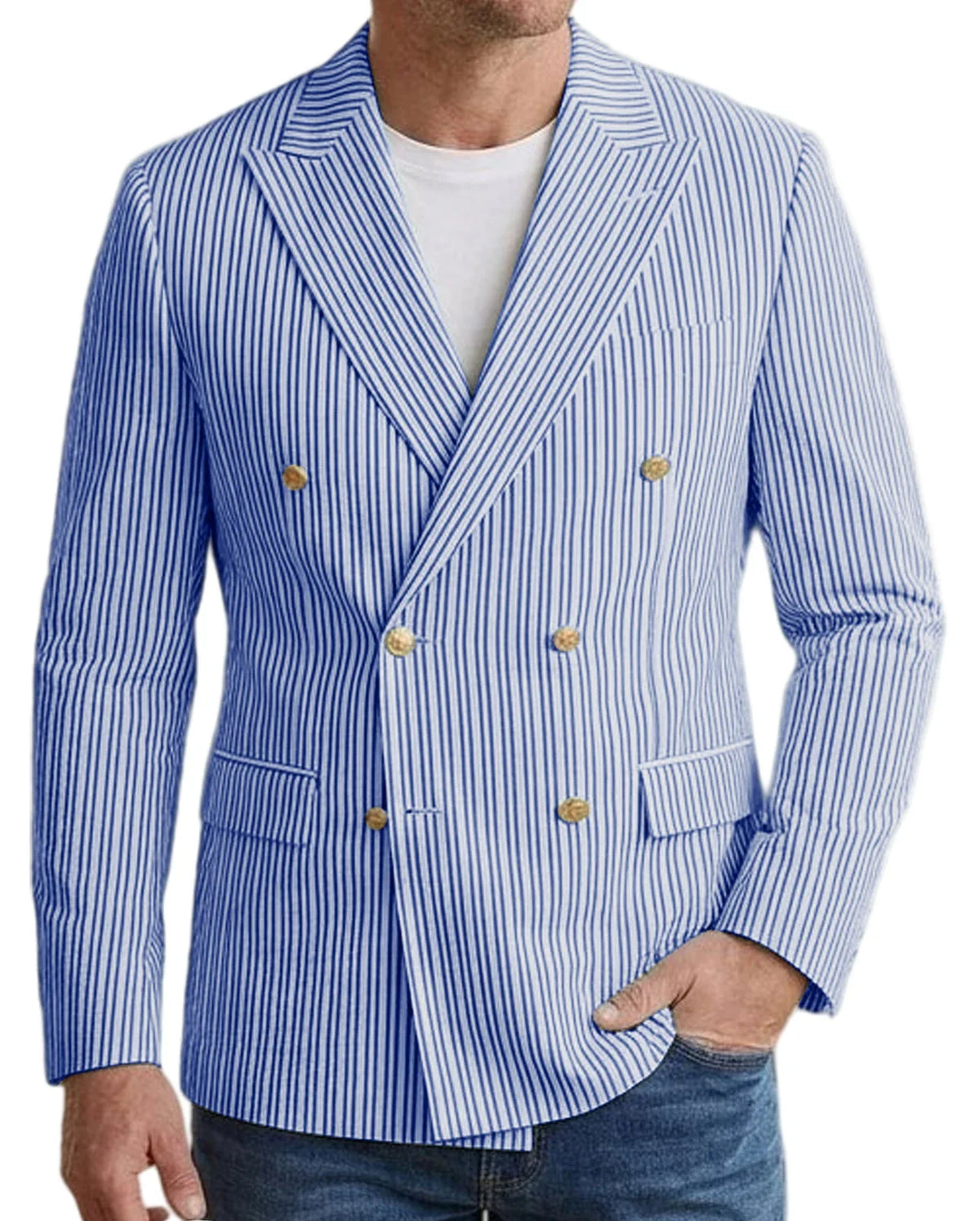 Vintage Men's Striped Double Breasted Blazer Casual Business Suit Jacket Lightweight Notched Lapel Sport Coat Wedding Party Wear