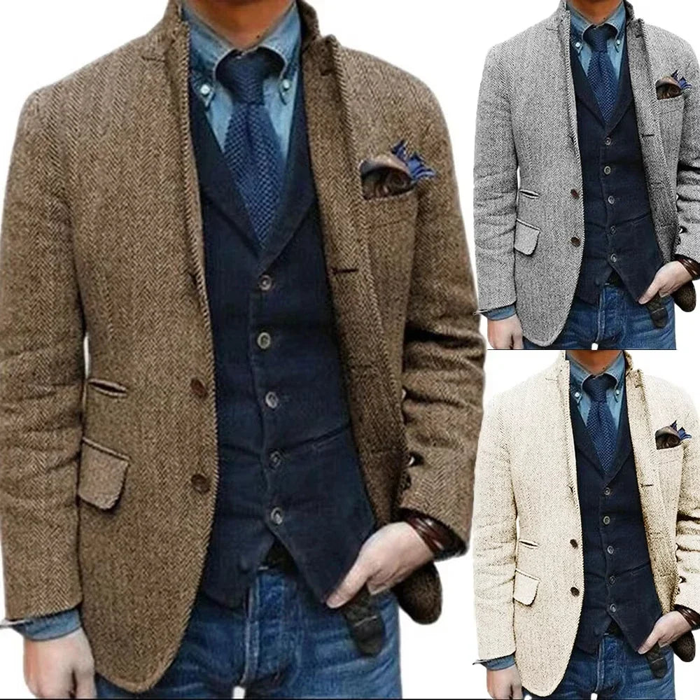 Herringbone 1 Piece Blazer for Men 3 Button Design Stand Collar Jacket Spring New Style Men's Suit Jacket XS-6XL