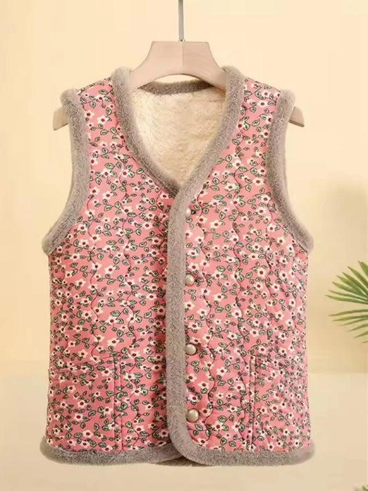 Women's Fleece Lined Warm Vest Coat Middle Aged Mother Cotton Fillings  Sleeveless Tops Winter Printed  Jacket