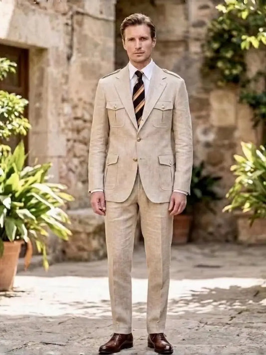 2-Piece Slim Fit Linen Suit for Men – Beach Wedding & Casual Summer Wear
