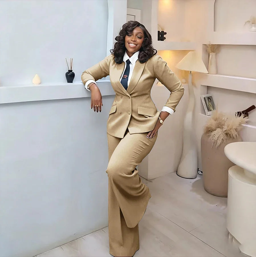 Classic Professional Burgundy Double Breasted Women's Suit Office Formal 2 Piece Jacket Pants Set Casual Daily Streetwear