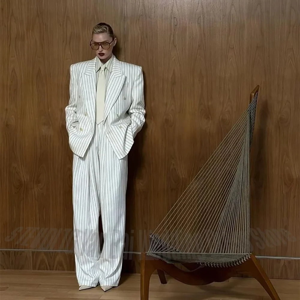 Classic Design White Stripe Suit For Women Formal Peak Lapel Double Breasted Oversized Blazer Pants Casual Two Piece Set