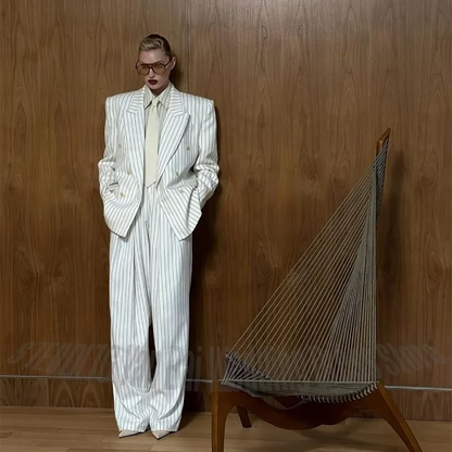 Classic Design White Stripe Suit For Women Formal Peak Lapel Double Breasted Oversized Blazer Pants Casual Two Piece Set