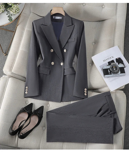Business Chic Formal Blazer Suit Trousers Two Pieces Womens Outfit 2025 Autumn Elegant Double Breasted Jacket and Pant Sets