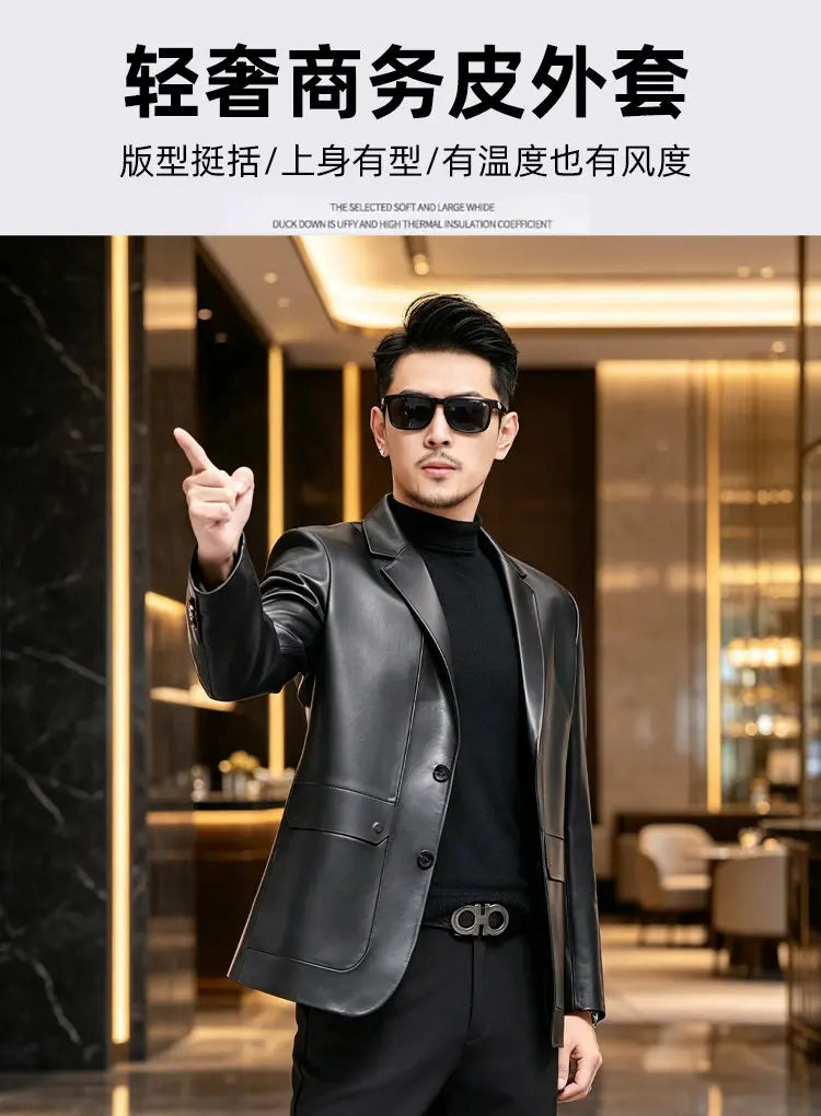 Genuine Leather Jacket Men's Sheepskin Suit Collar Midlife Leather Coat Business Casual Western Style Men's Single-Breasted Top