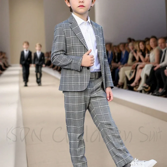 Chic Plaid Boys Suit 2 Piece Stylish Crossover Notch Lapel Slim Children Outfit Single Breasted Formal Wear Kids Occasion Attire