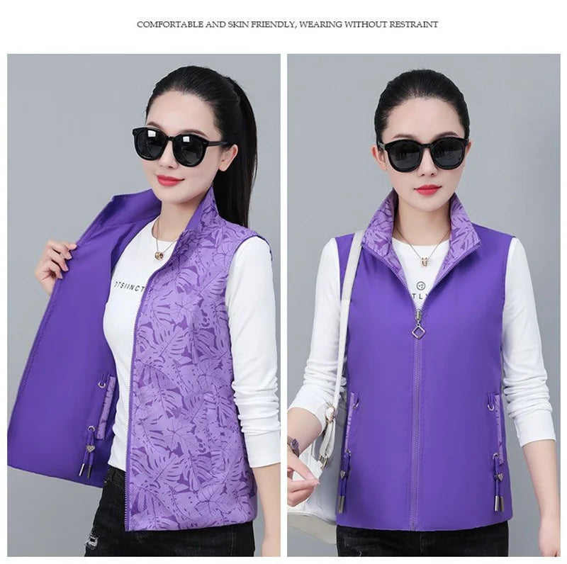 2026 Spring Autumn Women Double-sided Vest Fashion Stand Up Collar Sleeveless Jacket Female Waistcoat Casual Tops Chaleco Mujer