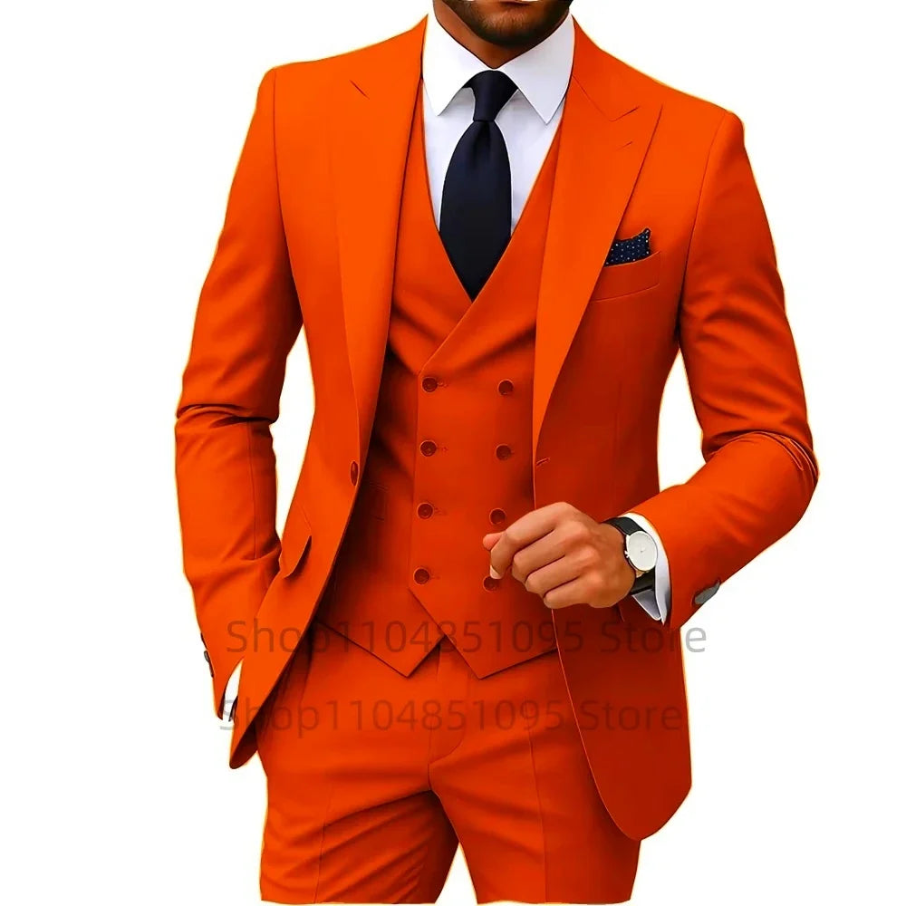 Solid Color Fashion Men Formal Business Suits Wedding Suit Slim Fit Groom Tuxedos 3 Pcs Set Dress Peak Lapel Blazer Vest Pants