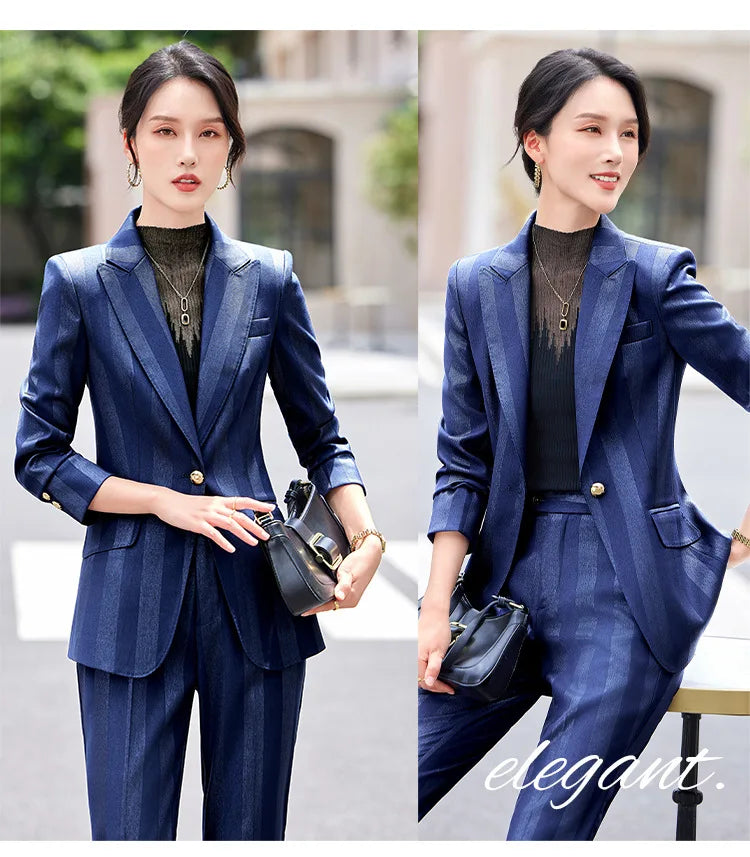 Women Blazer Pants Sets Yellow Two Pieces 2024 Autumn Workwear Trousers Formal Striped Navy Blue Long Sleeve Tops Pantsuit