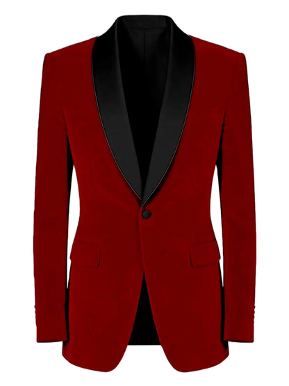 Men's Velvet Tuxedo Blazer Black Trim Shawl Lapel Slim Fit 1-Button Flap Pockets Suit Jacket Formal Wedding Party Sport Coats