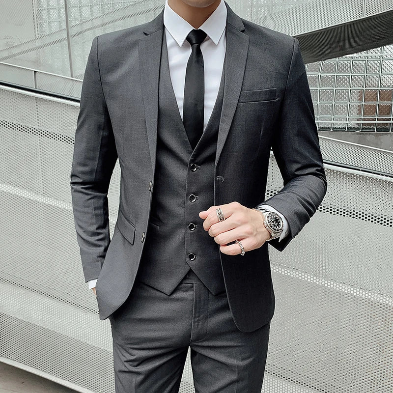 High-quality men's wedding British-style fashionable, cool, versatile, trendy business casual solid color suit three-piece set