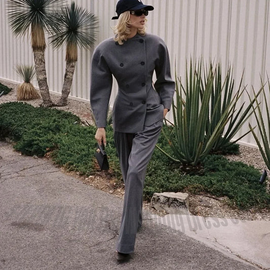 Classic Grey Women's Suit Set Double Breasted Stand Collar Blazer with Puff Sleeve Formal Business Work Wear Tailored Outfit