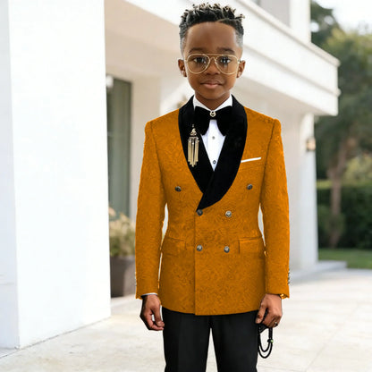 Black Jacquard Floral Boys Suits For weddings Children Suits Double Breasted Kid Wedding Prom Suits Blazers Sets For boys Tuxedo