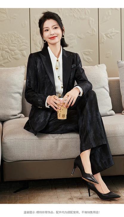 Women Golden Black Formal Pant Suit Autumn Female Tie-dye Blazer and Trouser 2 Piece Set For Office Ladies Winter Work Wear