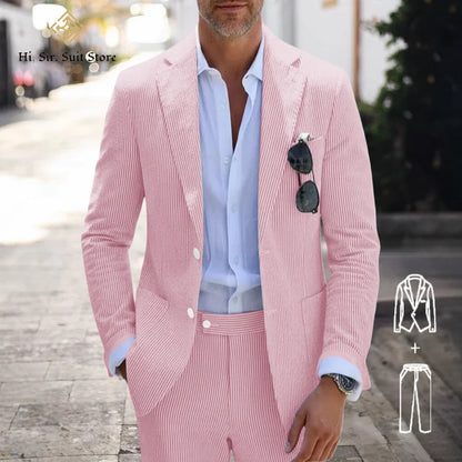Men's Slim Fit Seersucker 2-Piece Suit Set – Blue Striped Smart Casual & Wedding