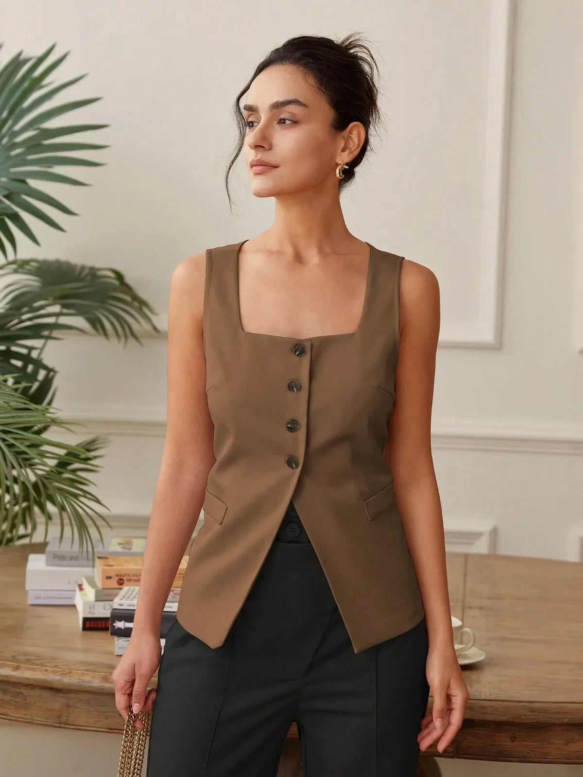Summer temperament commuter vest vest solid color waistband square collar wide shoulder waistcoat