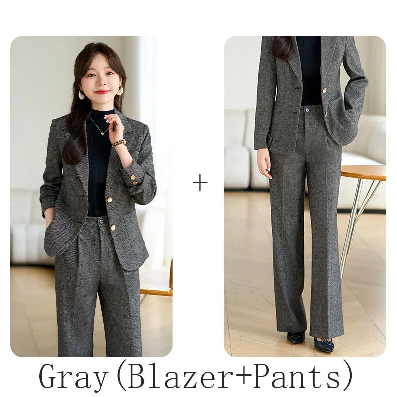 High Quality Fabric Velvet Autumn Winter Women Business Work Wear Suits Pantsuits Formal OL Styles Professional Trousers Set