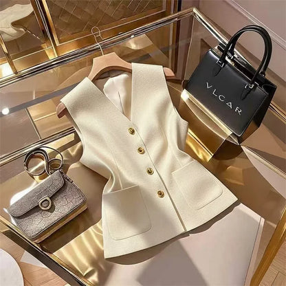 Female Occupation Vest Jacket Korean Ladies Fashion Versatile Blazer Sleeveless Coat Autumn Women Solid Color Suit Waistcoat Top