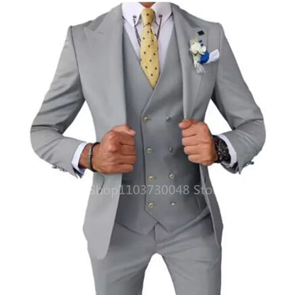 Smart Casual 3 Piece Peak Lapel Single Breasted Wedding Suit for Men Fashion Formal Best Man Groom Tuxedo Slim Fit Costume Homme