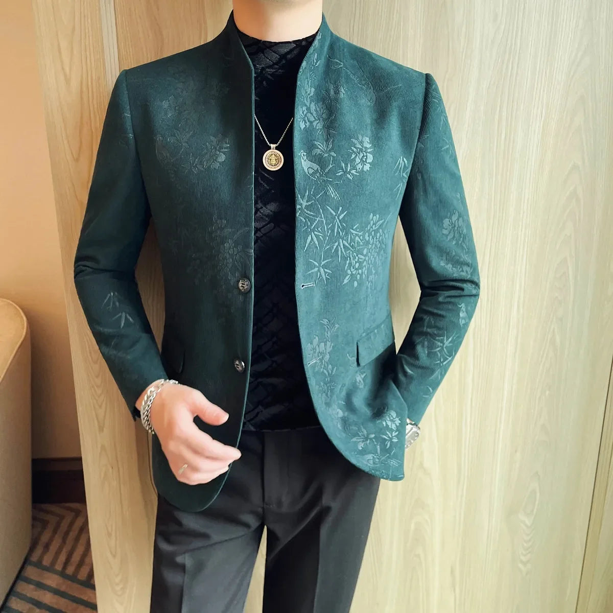 2025 Spring Trendy Jacquard Suit Jacket Men Stand Up Collar Casual Blazers Slim Wedding Business Streetwear Social Dress Coats