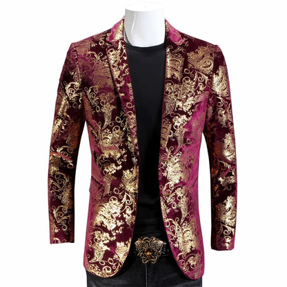Men's Suit Jacket Black Gold Floral Applique Single Button for Wedding Party Performance