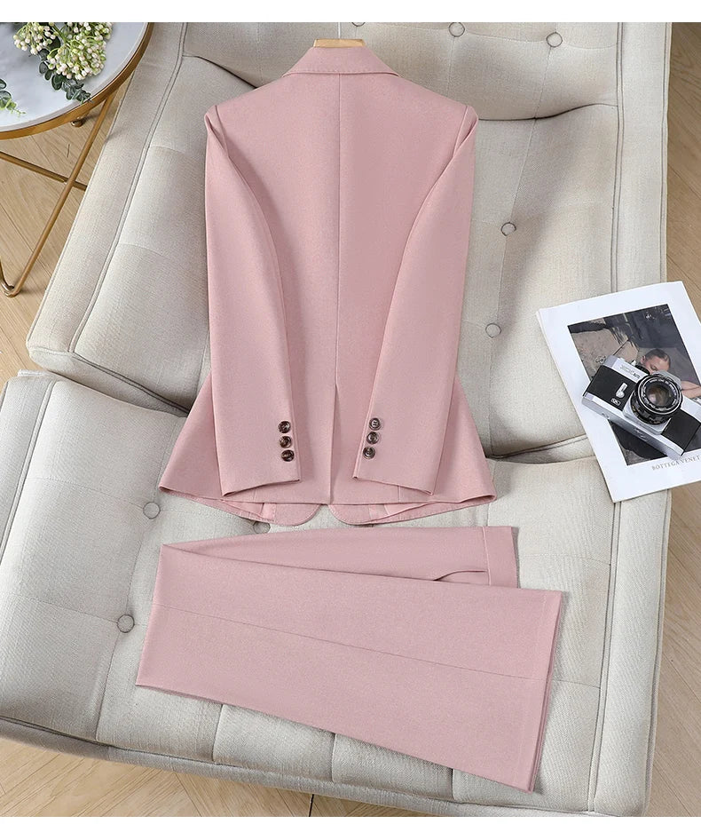 Korean Style Fashion Blazer Trousers Suit Women 2026 Autumn Long Sleeve Jacket and Pants 2 Piece Matching Set Outfit Pink