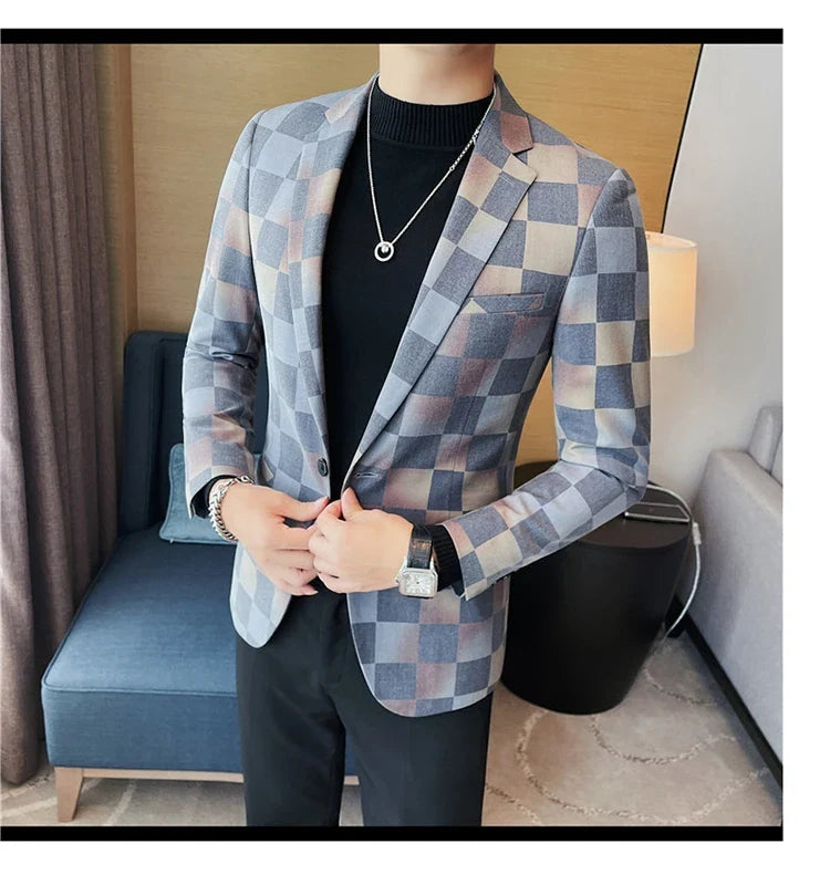 Brand Luxury Plaid Suit Jacket for Men 2023 Autumn Casual Blazer Masculino Fashion Slim Business Wedding Groom Social Dress Coat