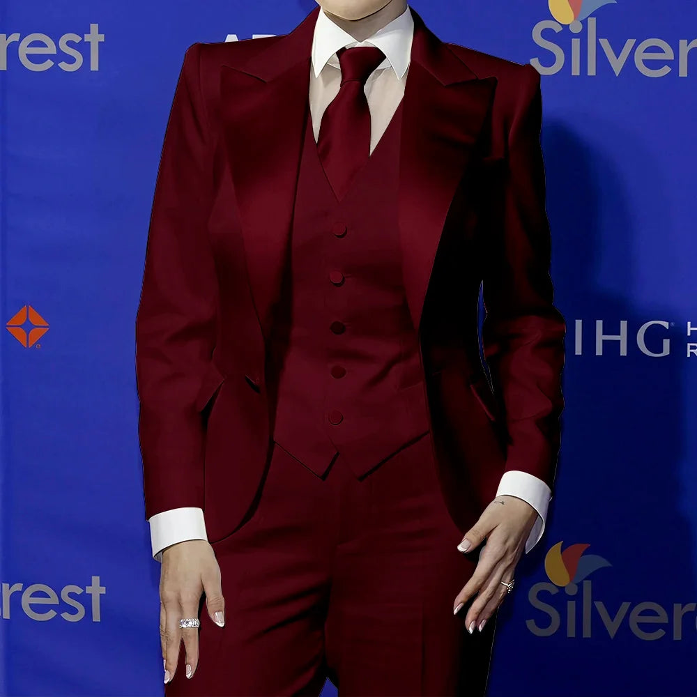 Elegant Women's White Clothes with Satin Lapel Three-Piece Suit Blazer+Vest+Pants Formal Sharp Tailored Set for Evening Party