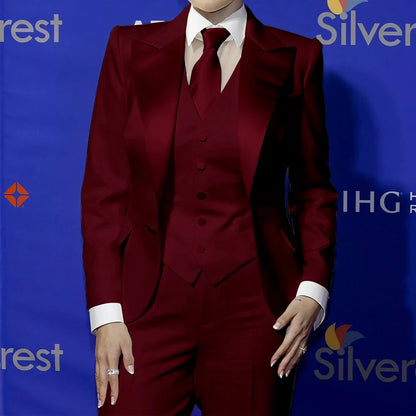 Elegant Women's White Clothes with Satin Lapel Three-Piece Suit Blazer+Vest+Pants Formal Sharp Tailored Set for Evening Party