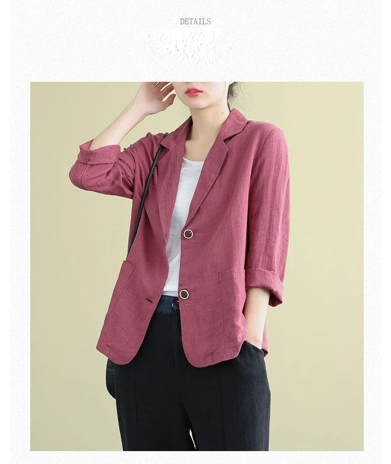 Casual Cotton and Linen Suit Jacket Women 2025 Spring and Summer New Loose solid Long-sleeved Blazer Woman Sunscreen Clothing