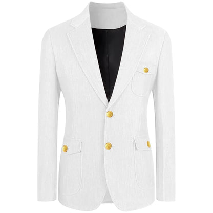 Men's Denim Suit Jacket Classic Notched Lapel Slim Fit Gold Buttons Multiple Pockets Formal Blazer Business Casual Daily Wear