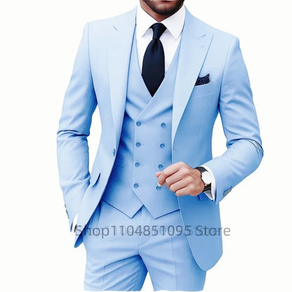 Solid Color Fashion Men Formal Business Suits Wedding Suit Slim Fit Groom Tuxedos 3 Pcs Set Dress Peak Lapel Blazer Vest Pants