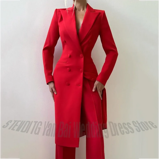 Luxury Red Women's Suit Two Pieces New Arrival Peaked Lapel Double Breasted Long Coat Outerwear Slim Fit Elegant Blazer Set
