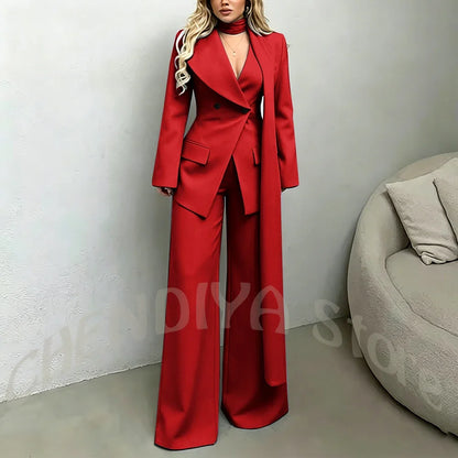 Classic Black Women Suit Set Double Breasted Asymmetrical Blazer Pants with Muffler Formal Office Elegant Two Piece Outfit
