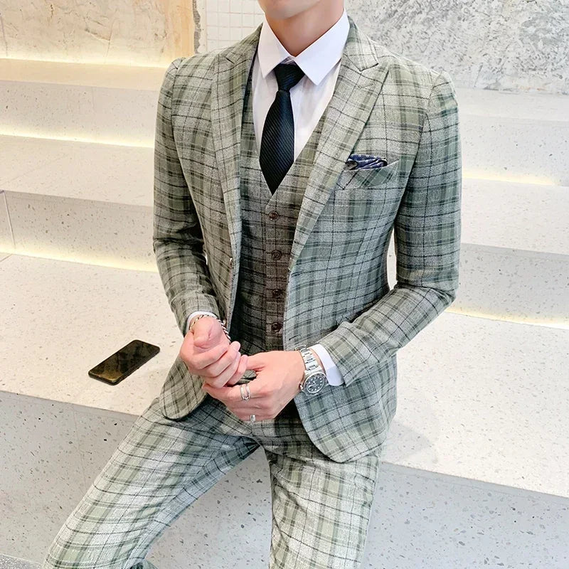 Men's 3-Piece Suit Slim Fit Single Breasted Wedding Business Blazer Set – Orange Red, Matcha Green, Light Yellow
