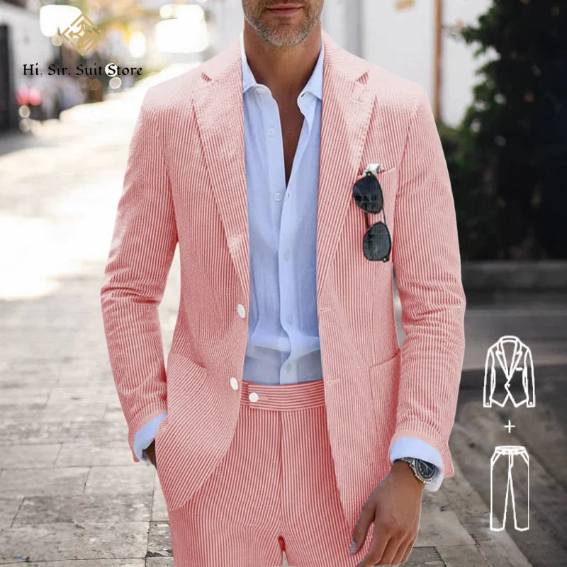 Men's Slim Fit Seersucker 2-Piece Suit Set – Blue Striped Smart Casual & Wedding